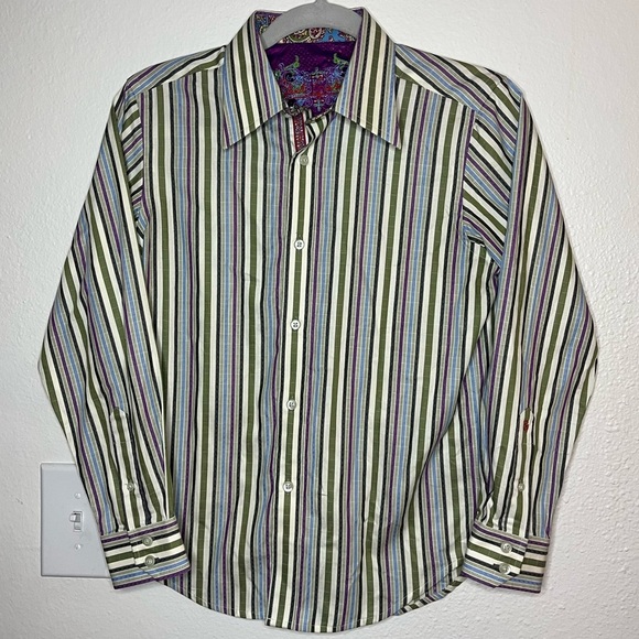Robert Graham Striped Button Down Shirt Med Cotton Silk Trim Multicolor Paisley - Picture 11 of 11